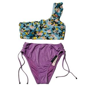 Victoria’s Secret Set Swim Ruffle Bikini Blue Lemon Top,Bottom Purple Shimmer, L
